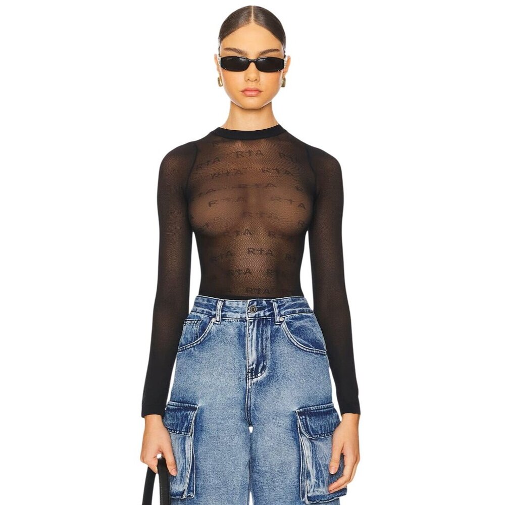 RTA Dahlia Mesh Jacquard Top in Black Logo All Over Medium/Large Womens Mesh